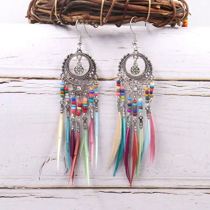 Feather Earrings - Exaggerated Colorful Beads-Jewearrings