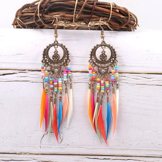 Feather Earrings - Exaggerated Colorful Beads-Jewearrings