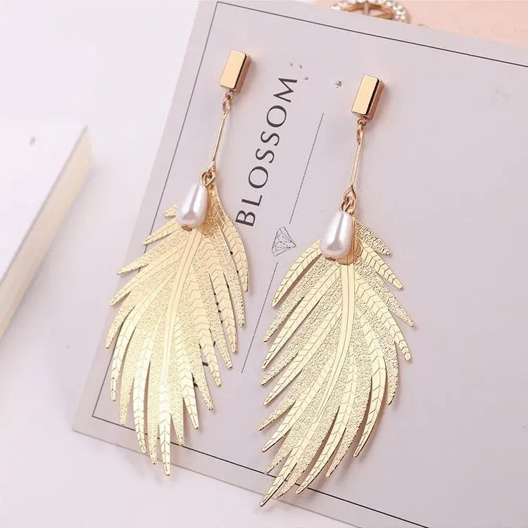 Feather Earrings Jewelry Exaggerated Fashion Metal Feather-Jewearrings