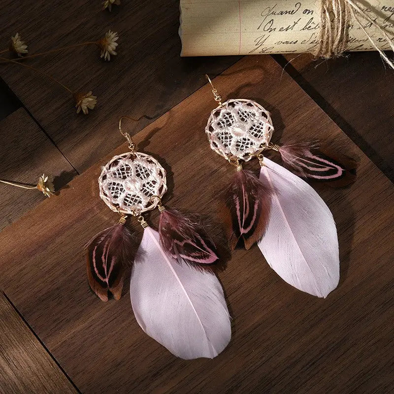 Feather Earrings: Lightweight Dream Catcher Flower Woven-Jewearrings