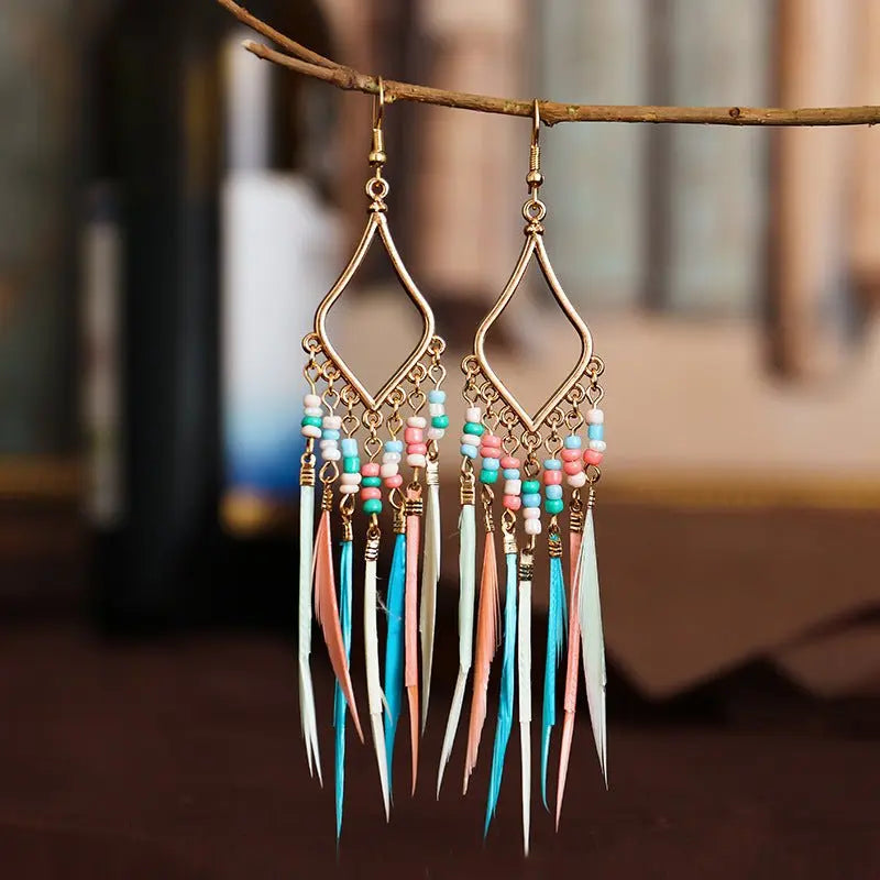 Feather Earrings Ornament Colorful Beads-Jewearrings