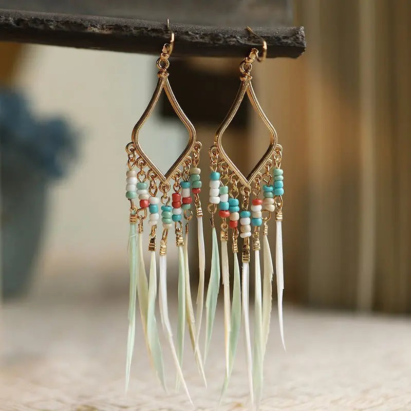 Feather Earrings Ornament Colorful Beads-Jewearrings