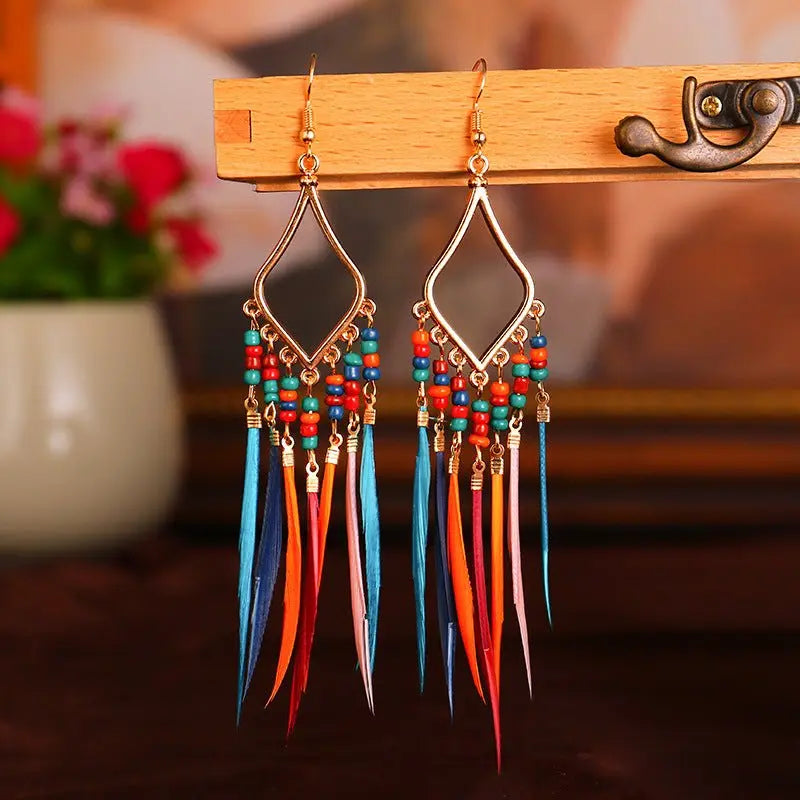 Feather Earrings Ornament Colorful Beads-Jewearrings