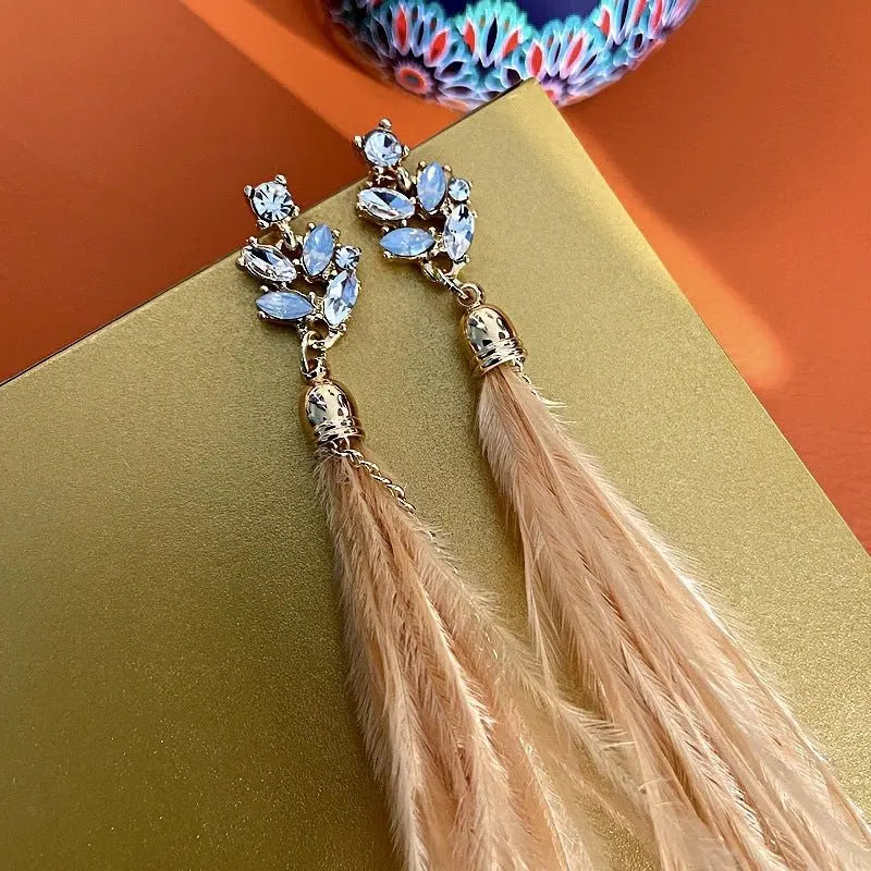 Feather Earrings - Rhinestone Dangle & Chain Tassels-Jewearrings