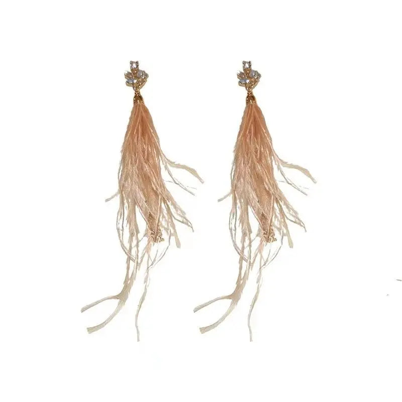 Feather Earrings - Rhinestone Dangle & Chain Tassels-Jewearrings