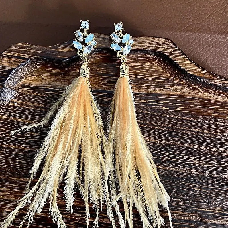 Feather Earrings - Rhinestone Dangle & Chain Tassels-Jewearrings