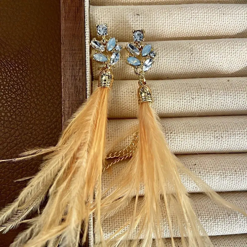 Feather Earrings - Rhinestone Dangle & Chain Tassels-Jewearrings