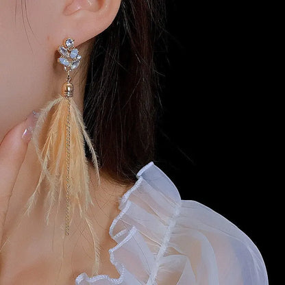 Feather Earrings - Rhinestone Dangle & Chain Tassels-Jewearrings