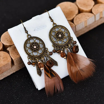 Feather Earrings: Round Small Flower Diamond Long Feather-Jewearrings