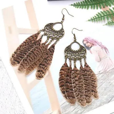 Feather Earrings: Wild Leopard Feather Tassel Earrings-Jewearrings