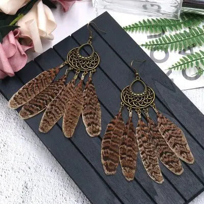 Feather Earrings: Wild Leopard Feather Tassel Earrings-Jewearrings