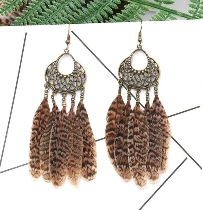 Feather Earrings: Wild Leopard Feather Tassel Earrings-Jewearrings