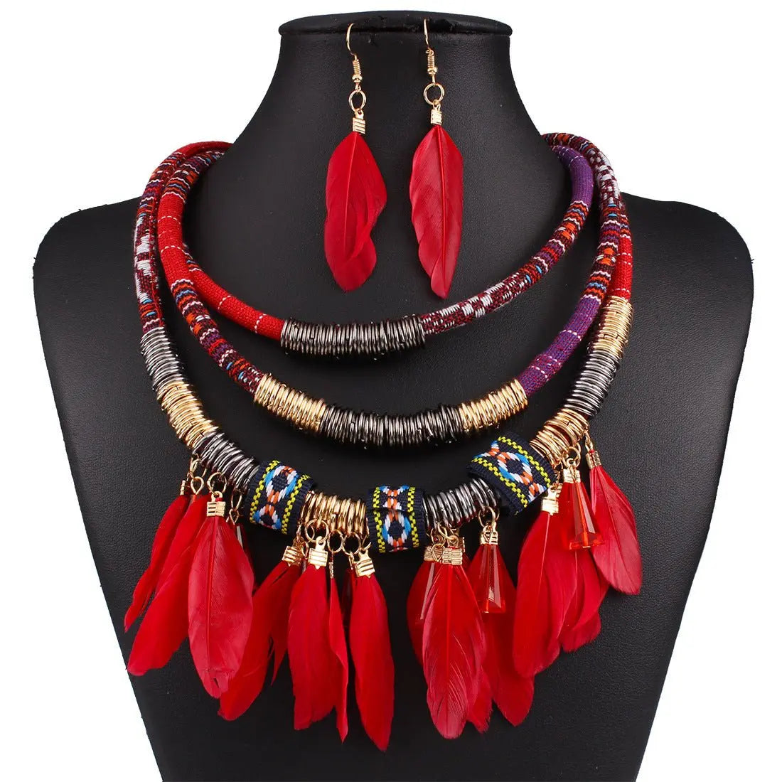 Feather Tassel Necklace Earrings Set-Jewearrings