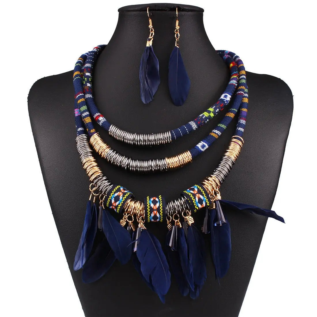 Feather Tassel Necklace Earrings Set-Jewearrings