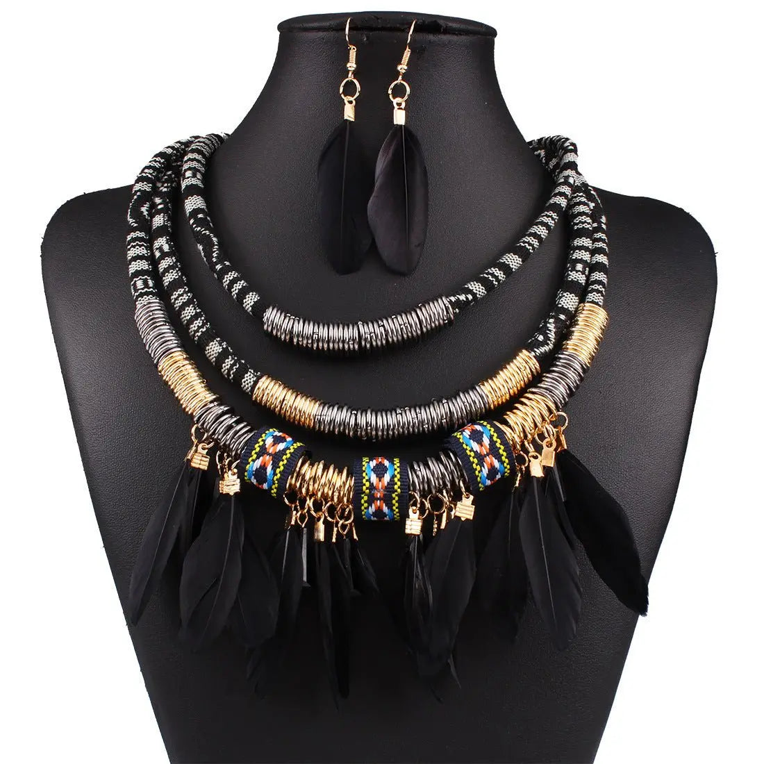 Feather Tassel Necklace Earrings Set-Jewearrings