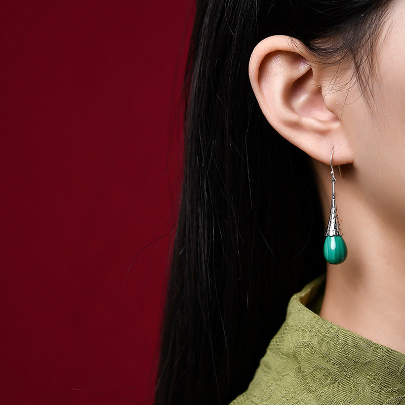 Women's Fashion Elegant Silver Malachite Drop Earrings-Jewearrings