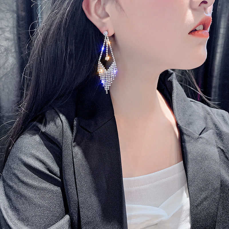 Silver Needle Tassel Earrings Feminine Temperament Exaggerated Personality-Jewearrings