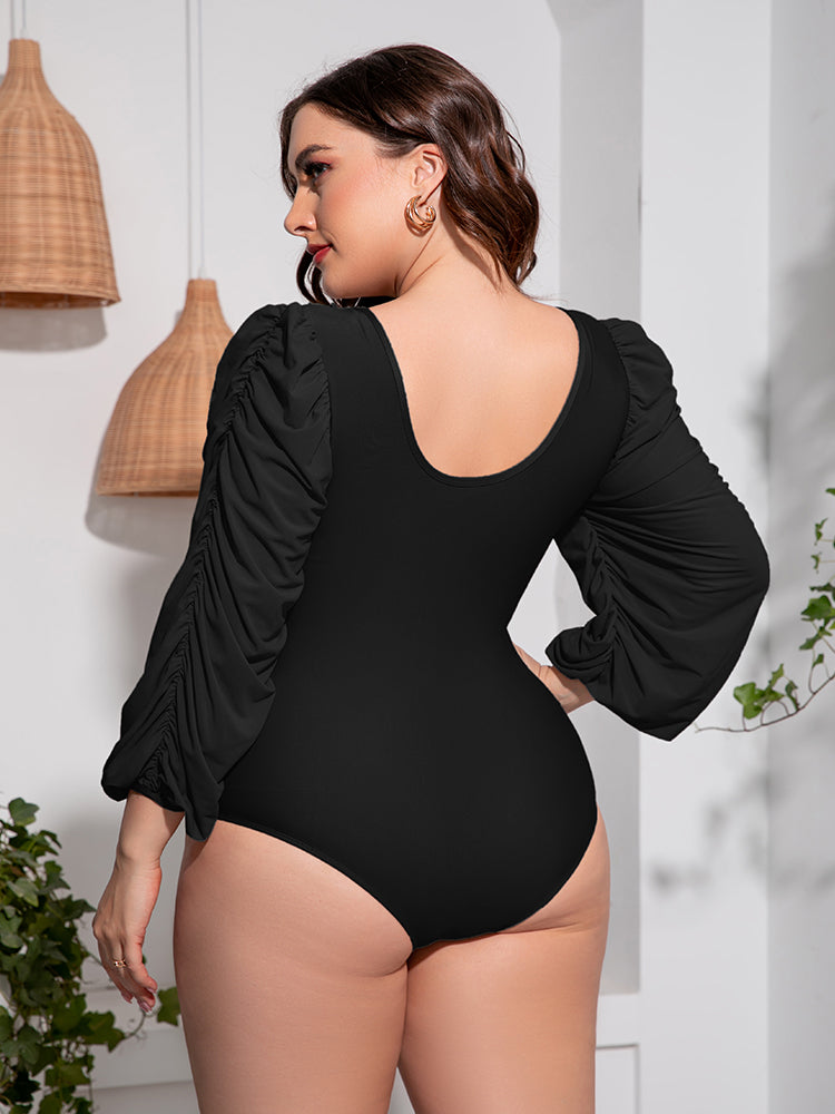 Plus Size Tied Deep V Balloon Sleeve One-Piece Swimsuit-Jewearrings