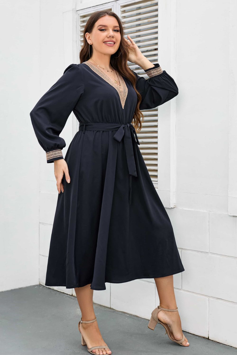 Melo Apparel Plus Size Contrast Tie Waist Midi Dress-Jewearrings