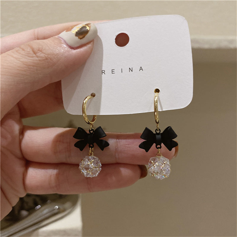 925 Silver Post C Shape Black Bow Zirconia Earrings-Jewearrings