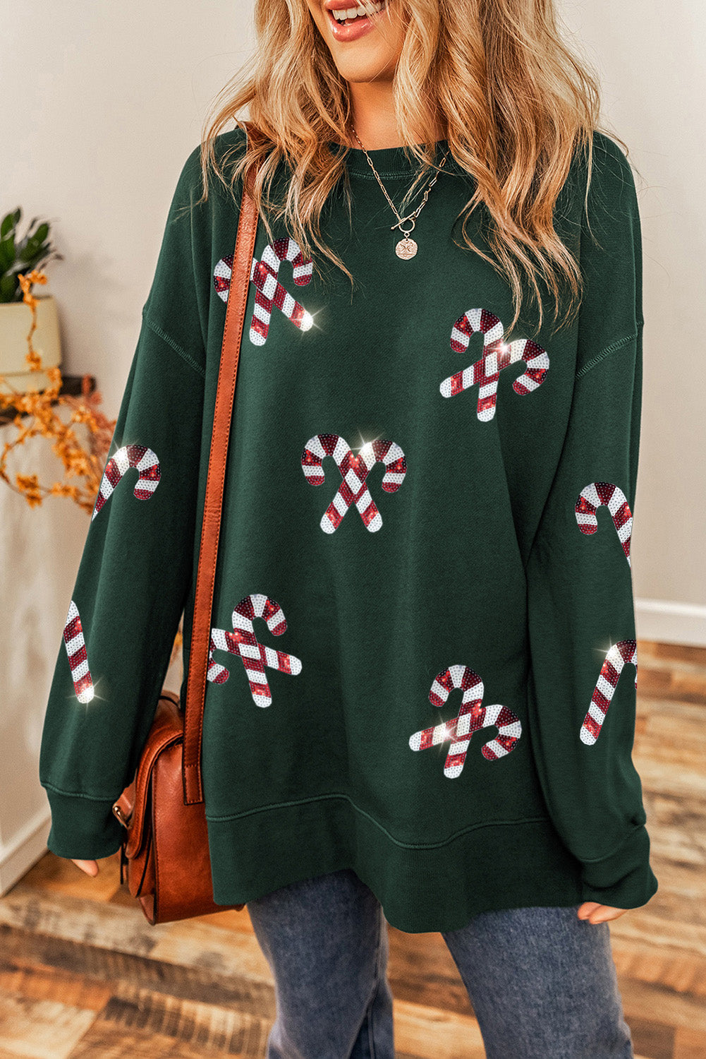 Candy Cane Sequin Round Neck Long Sleeve Sweatshirt-Jewearrings