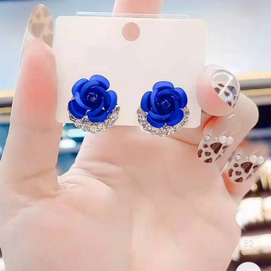 Female 925 Silver Needle Blue Rose Earrings-Jewearrings