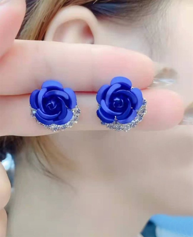 Female 925 Silver Needle Blue Rose Earrings-Jewearrings