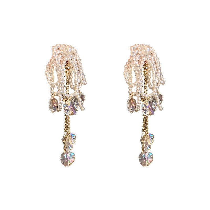 Female Exaggerated Long Pearl Earrings Shell Bow Tassel Earrings-Jewearrings