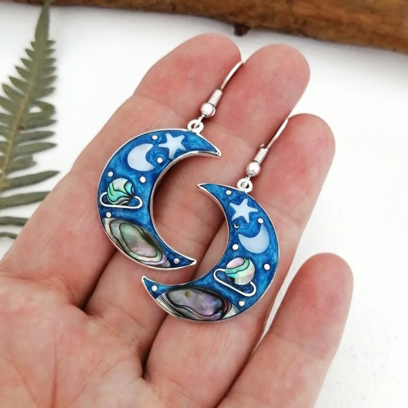 Female Retro Crescent Blue Sky Planet Earrings-Jewearrings