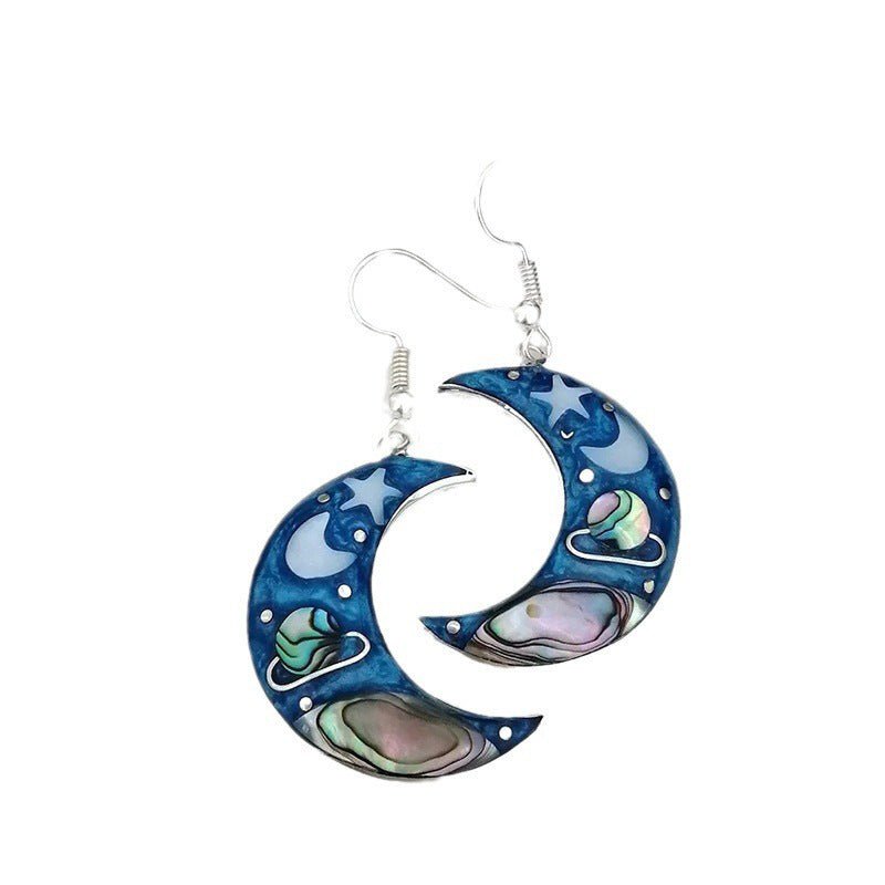 Female Retro Crescent Blue Sky Planet Earrings-Jewearrings