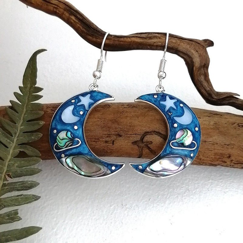 Female Retro Crescent Blue Sky Planet Earrings-Jewearrings