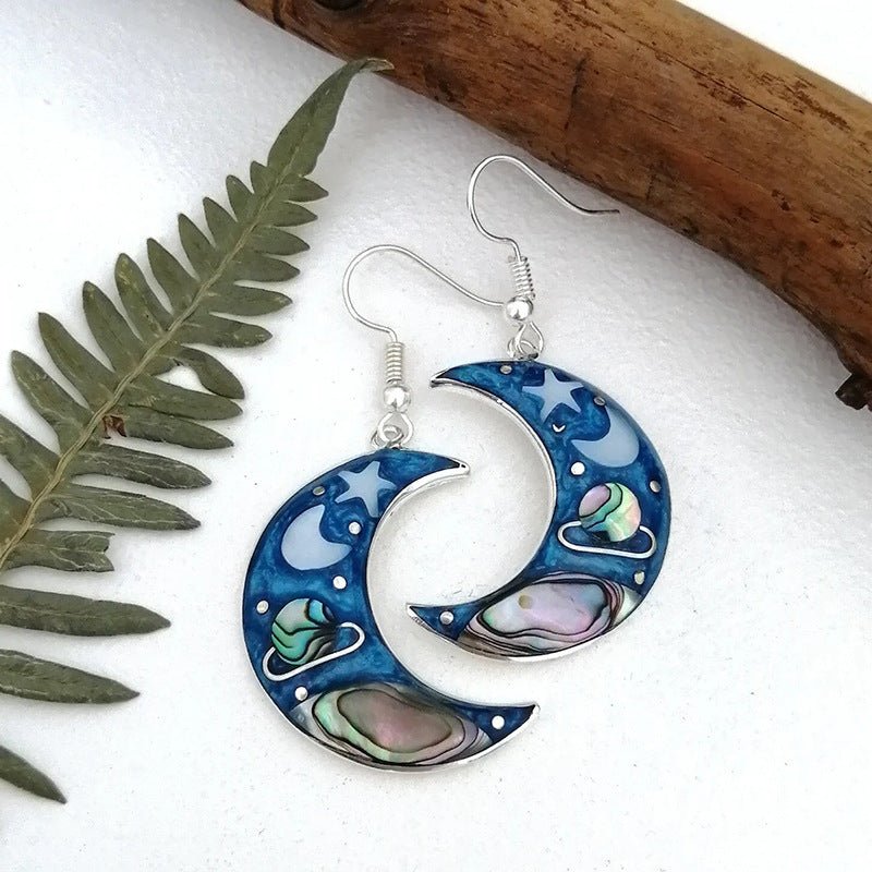 Female Retro Crescent Blue Sky Planet Earrings-Jewearrings