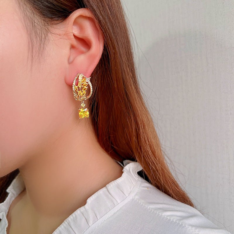 Female Silver Needle Yellow Diamond Wheat Ear Earrings-Jewearrings