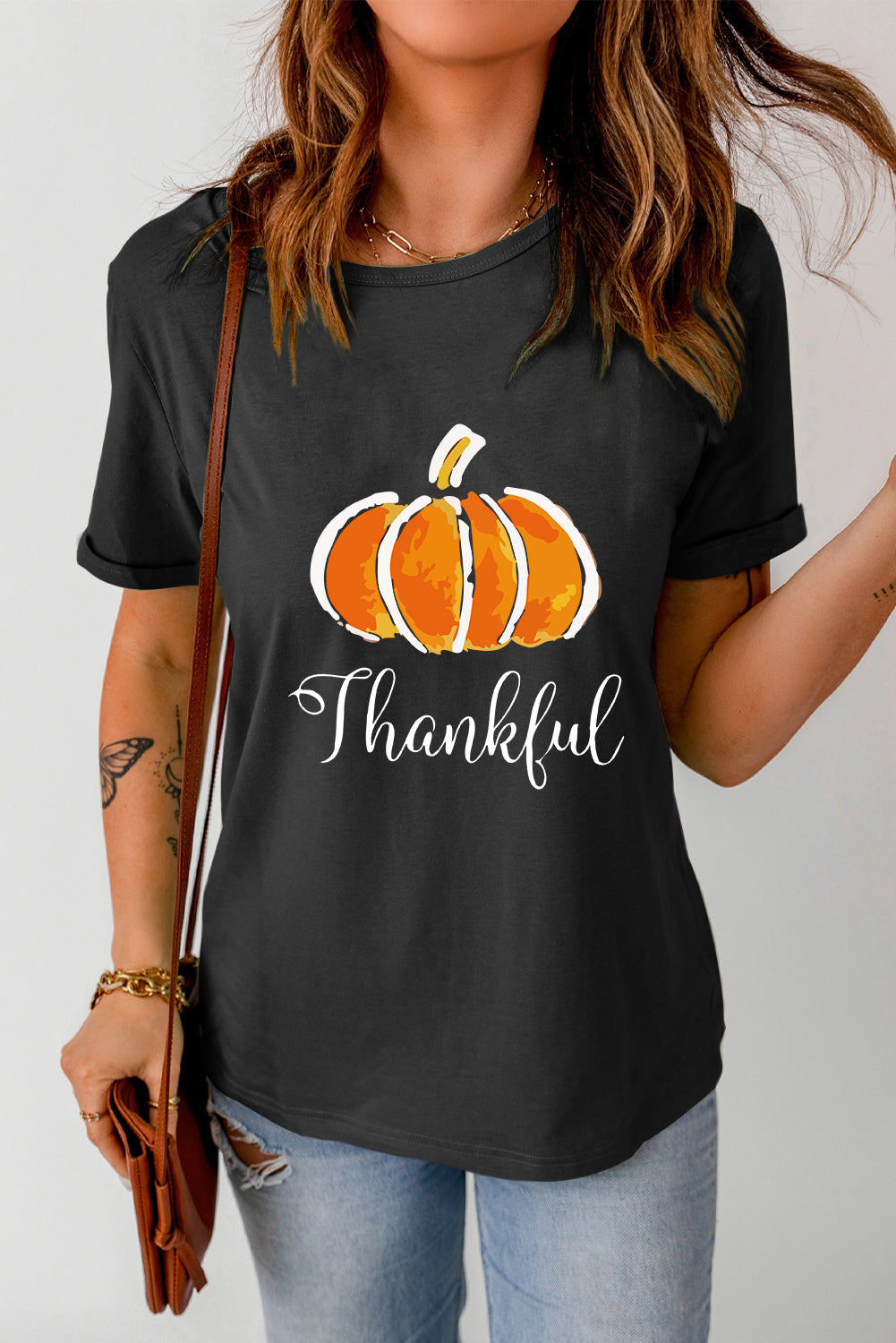 THANKFUL Round Neck Short Sleeve T-Shirt-Jewearrings