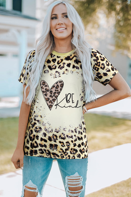 BE KIND Heart Graphic Leopard Round Neck Tee-Jewearrings