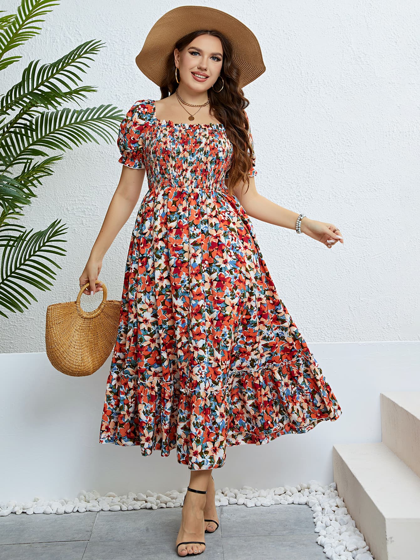 Plus Size Floral Smocked Square Neck Dress-Jewearrings