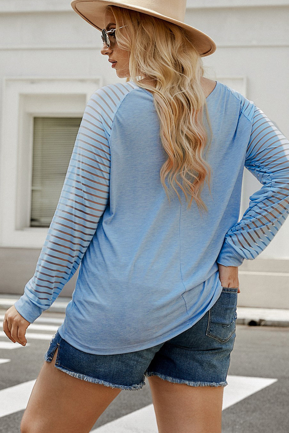 Plus Size Sheer Striped Sleeve V-Neck Top-Jewearrings