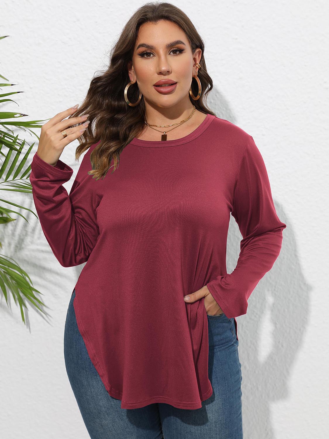 Plus Size Round Neck Long Sleeve Slit T-Shirt-Jewearrings