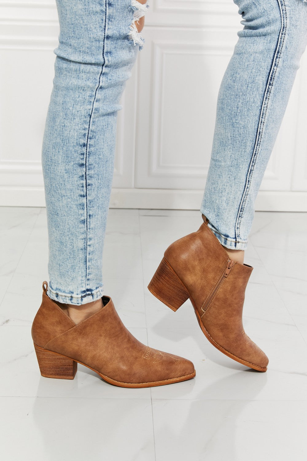 MMShoes Trust Yourself Embroidered Crossover Cowboy Bootie in Caramel-Jewearrings