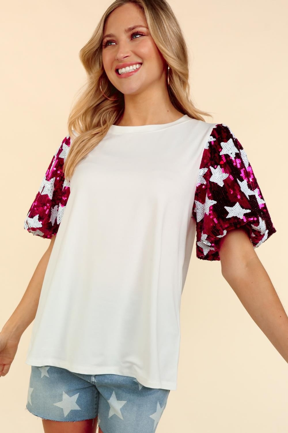 Haptics Star Sequin Bubble Short Sleeve Top-Jewearrings