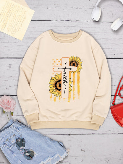 Sunflower Round Neck Dropped Shoulder Sweatshirt-Jewearrings