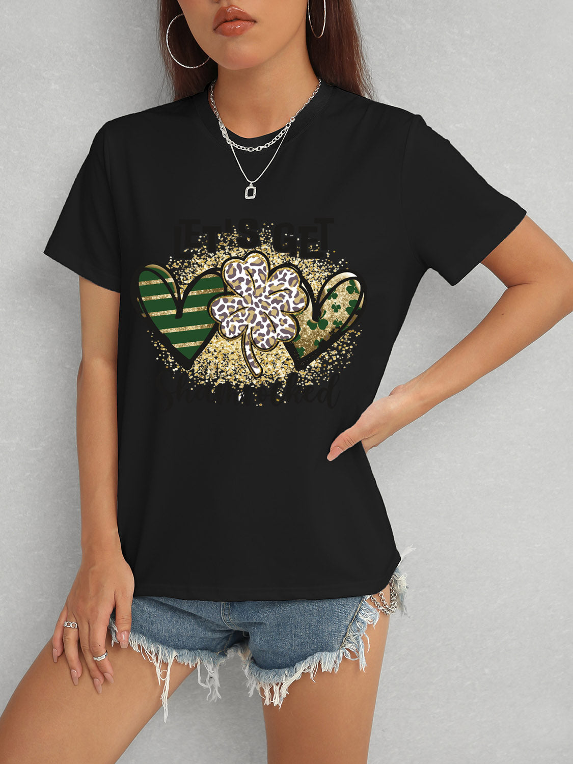 Lucky Clover Round Neck Short Sleeve T-Shirt-Jewearrings