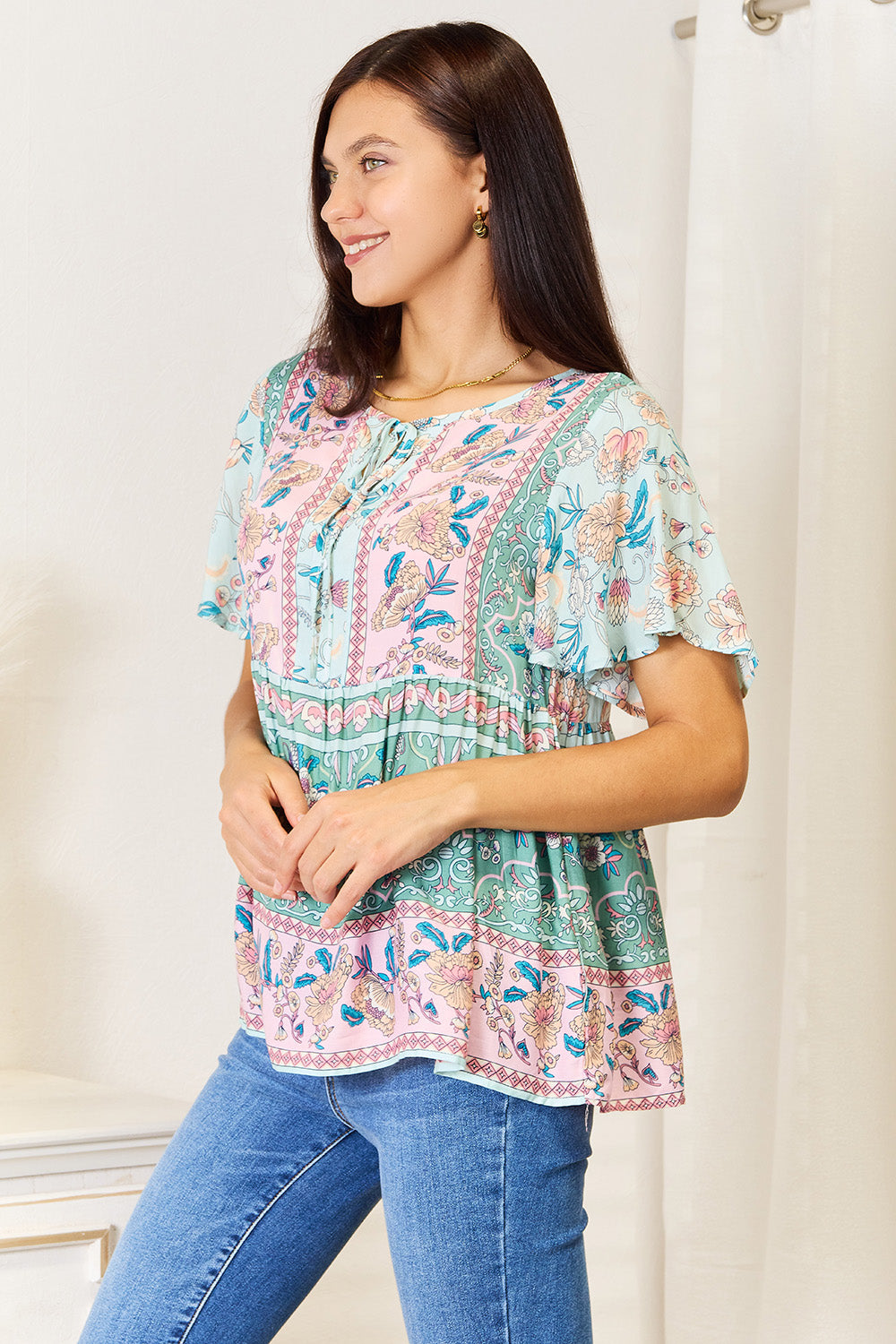 Floral Tie Neck Short Sleeve Blouse-Jewearrings