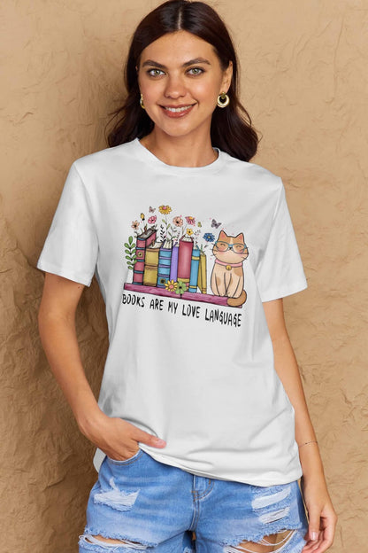 Simply Love Full Size BOOKS ARE MY LOVE LANGUAGE Graphic Cotton Tee-Jewearrings