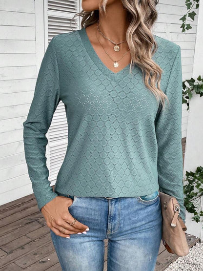 Eyelet V-Neck Long Sleeve T-Shirt-Jewearrings