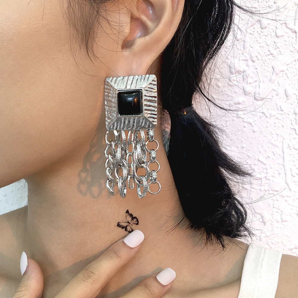 Chain Tassel French Geometric Square Retro Metal Stud Earrings-Jewearrings