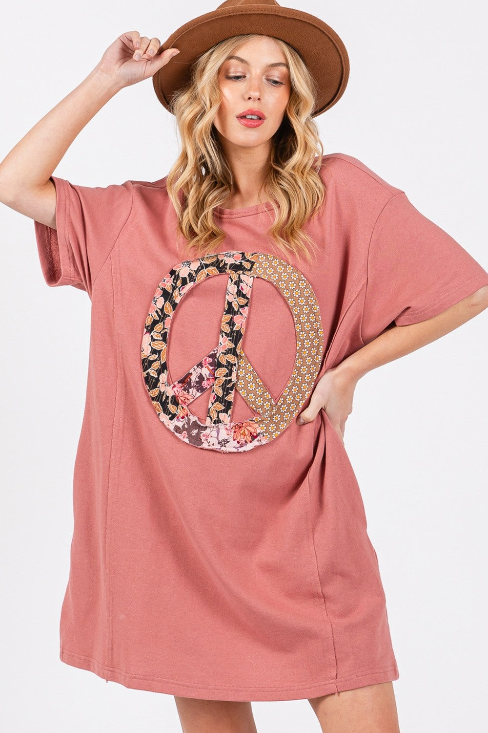 SAGE + FIG Full Size Peace Sign Applique Short Sleeve Tee Dress-Jewearrings