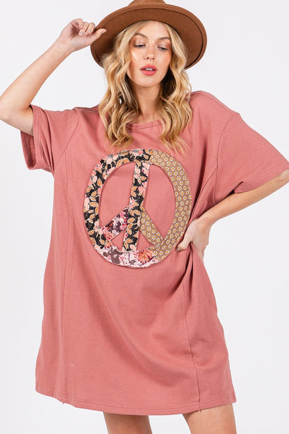 SAGE + FIG Full Size Peace Sign Applique Short Sleeve Tee Dress-Jewearrings