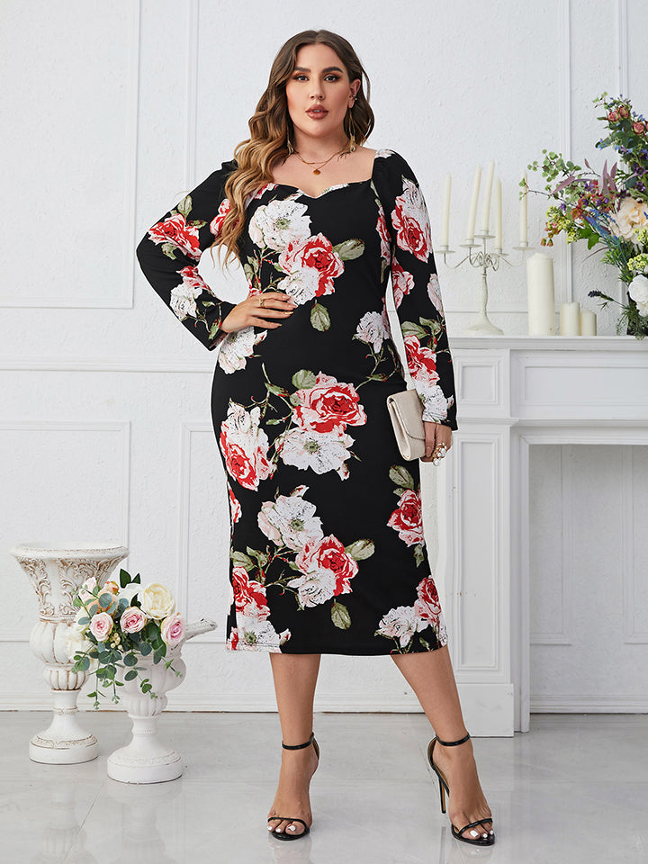 Plus Size Printed Square Neck Long Sleeve Dress-Jewearrings