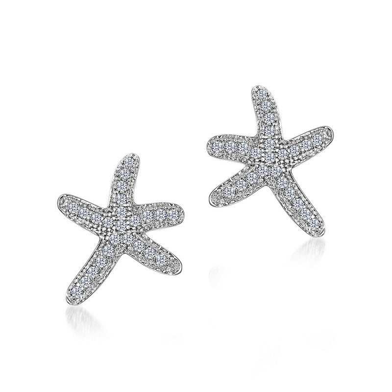 Sterling Silver Platinum Plated Full Zirconium Starfish Stud Earrings-Jewearrings